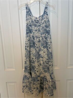 Sunday Up Blue & White Sparrows and Roses Toile print midi dress